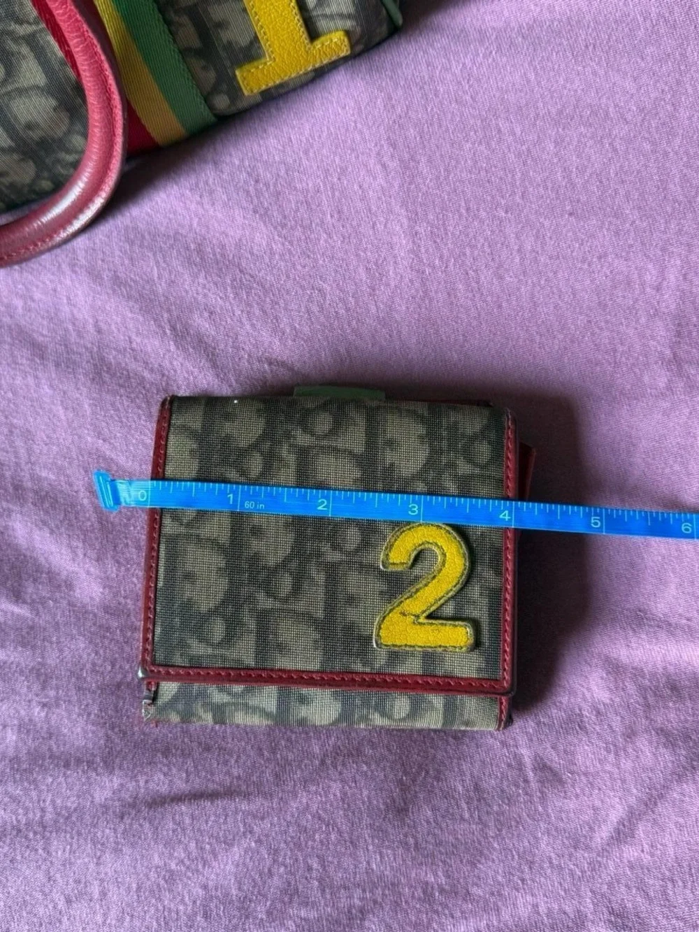 Dior Monogram Canvas Wallet with Burgundy Trim and Yellow Patch
